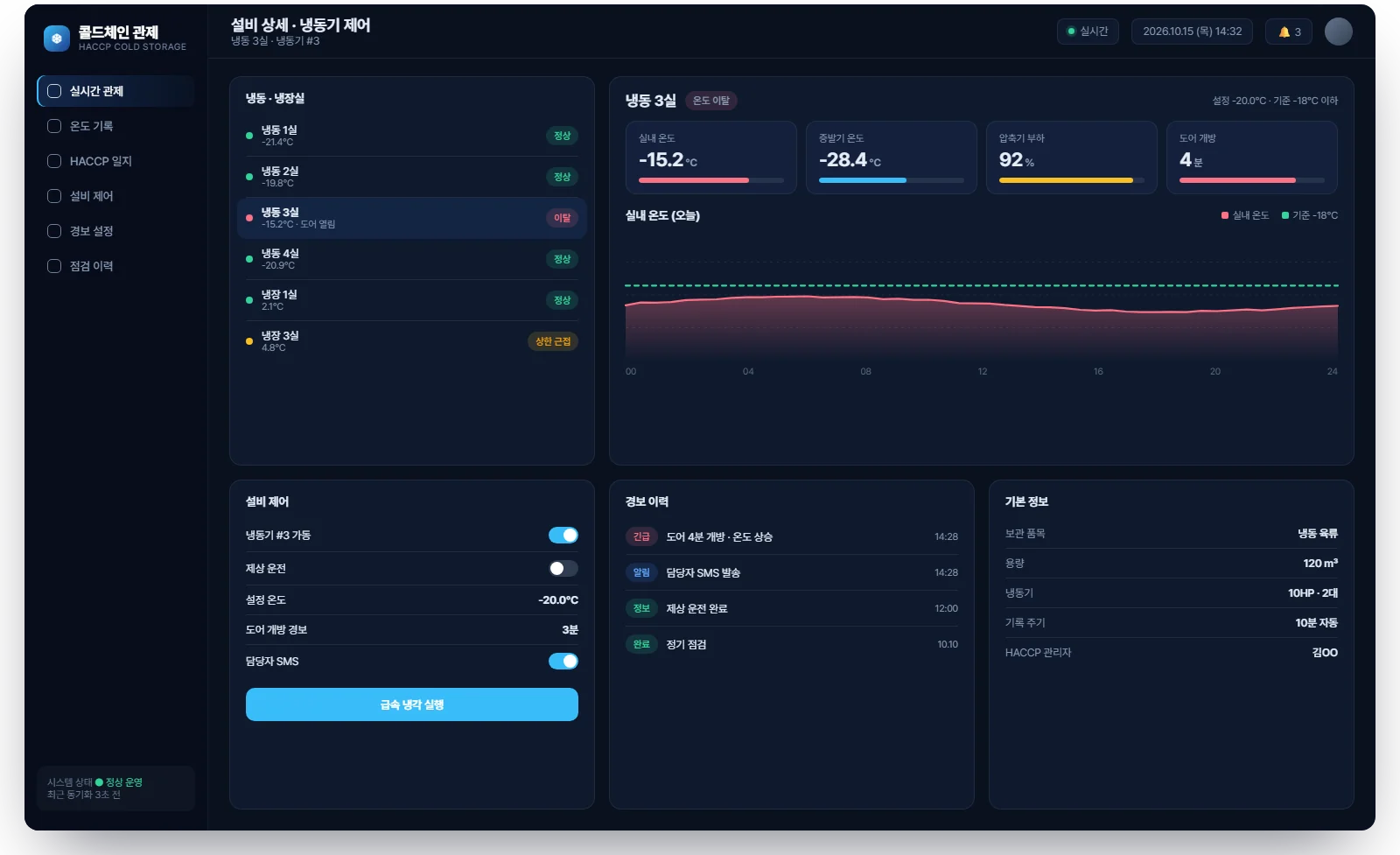 저온 냉장시설 모니터링 및 제어 시스템 화면 3